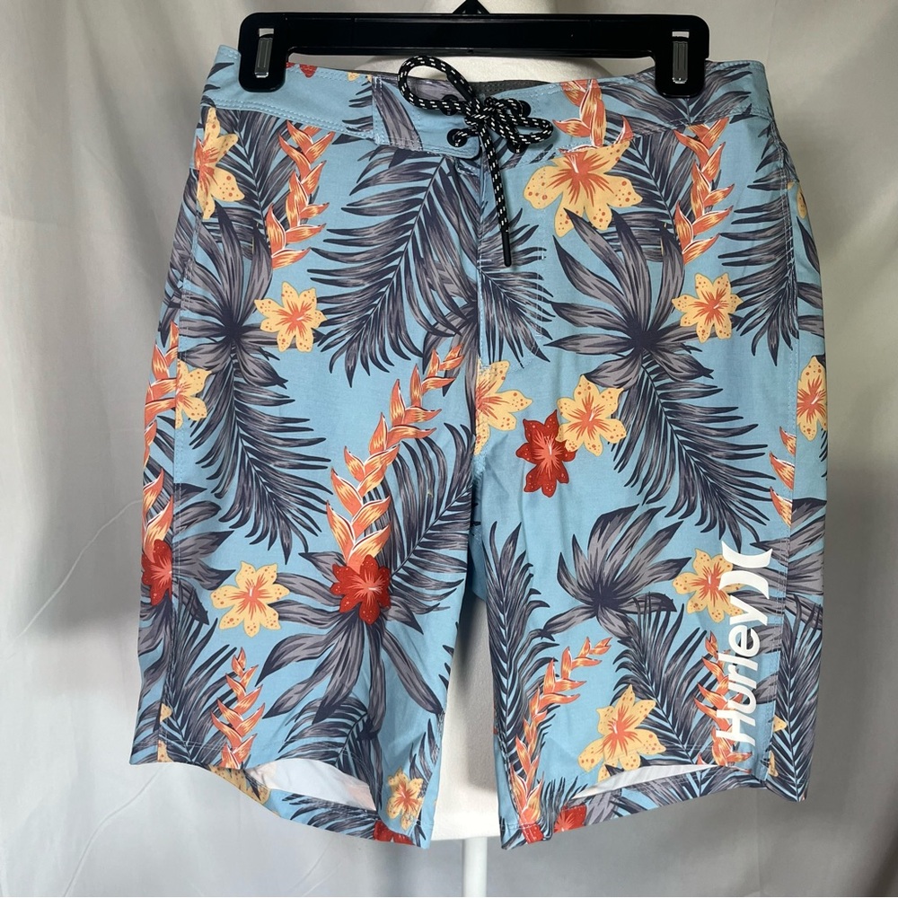 Hurley Men's Hawaiian Floral Board Shorts Light Blue, Yellow, Red Flowers Sz 30